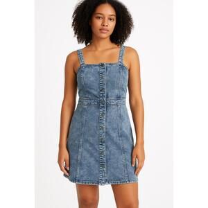 CISONO Button Down Front Square Neckline Denim Dress Large‎